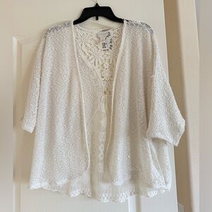 NWT cream Chico's short sleeve Crochet Open-Front Cardigan